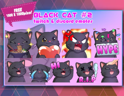 Black Cat Chibi Twitch, Discord Emotes Pack for Streamer
