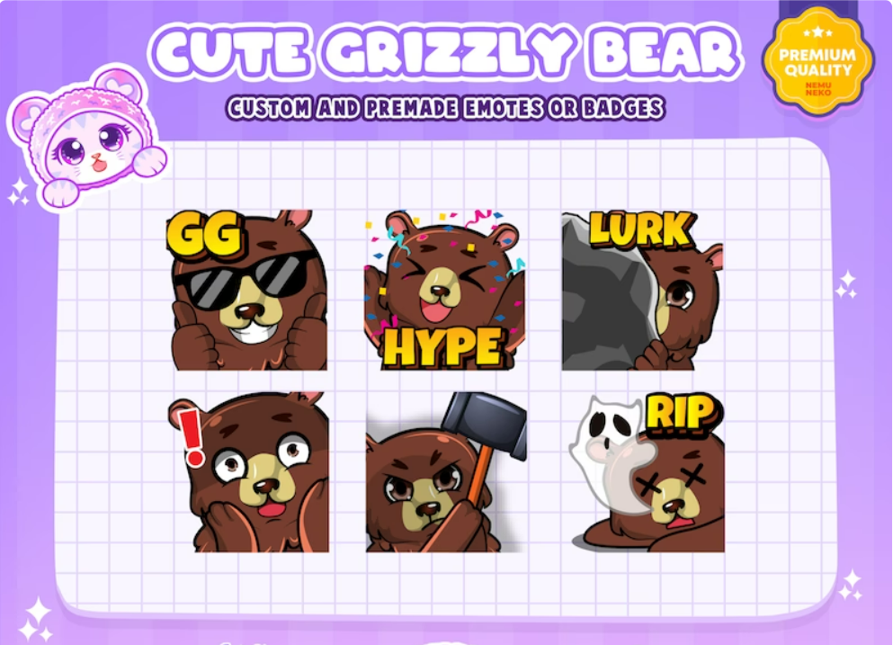 6x Brown Grizzly Bear Emotes | GG/Hype/Lurk/RIP Bear Emotes
