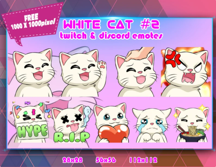 White Cat Chibi Twitch, Discord Emotes Pack for Streamer