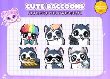 6x Blue Raccoon Emotes, Clown/Headpat/Cool Raccoon Emotes