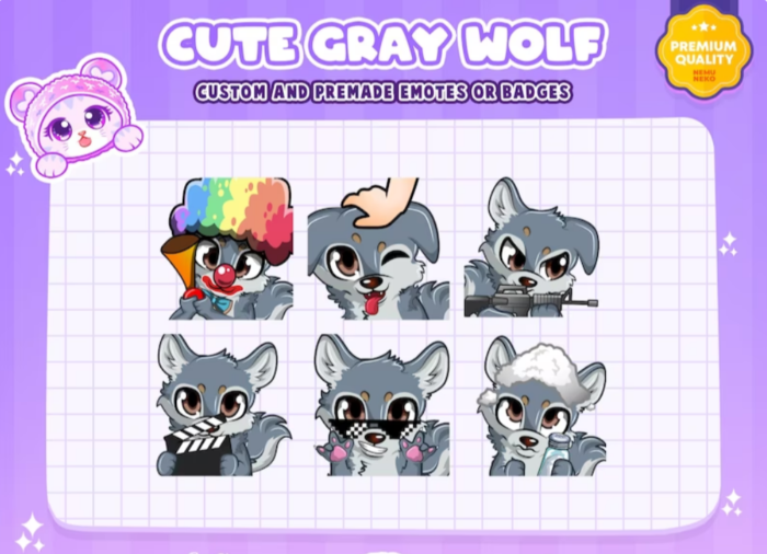 6x Gray Wolf Emotes | Clown/Head Pat/Cool/Salty Wolf Emotes
