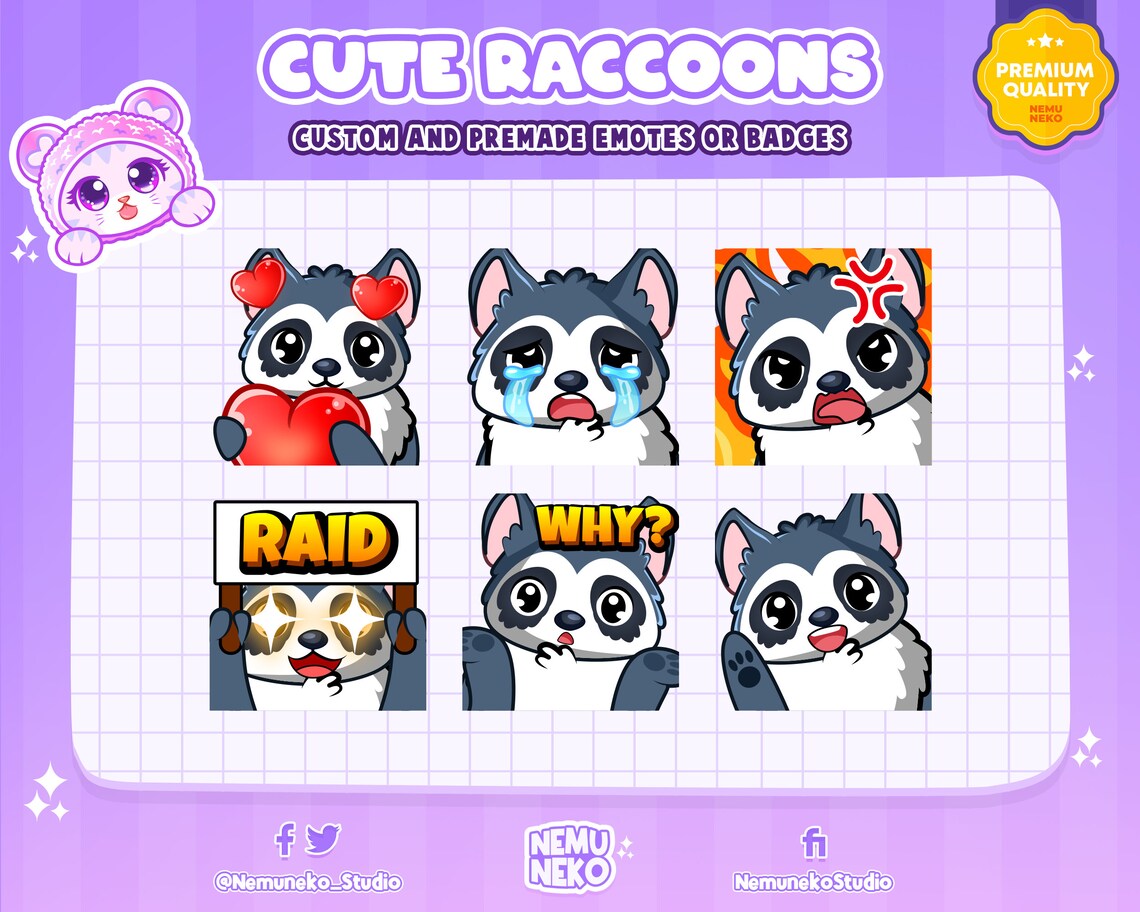 6x Blue Raccoon Emotes | Buy Custom Twitch Emotes Pack Online