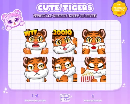 6x Cute Tiger Emotes, WTF/200IQ/Wow/Tired/Smirk Tiger Emote