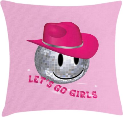 Ambesonne Emoji Throw Pillow Cushion Cover, Disco Ball in a Pinkish Cowboy Hat Let’s Go Lettering Funny Themed Print, Decorative Square Accent Pillow Case, 20″ X 20″, Pink Grey and Magenta