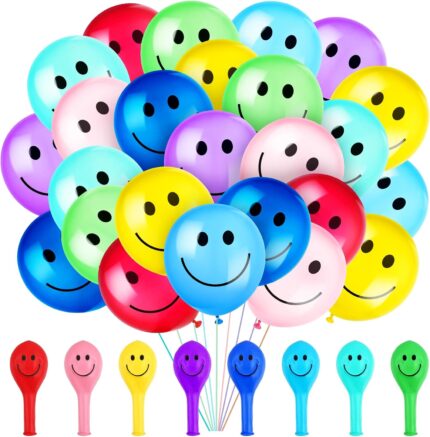Sratte 50Pcs Happy Smile Balloons for Birthday Party 12” Latex Smile Face Colorful Balloons Naughty Balloons Kids’ Party Balloons for Baby Shower Wedding Decoration Festive Supplies (Assorted Color)