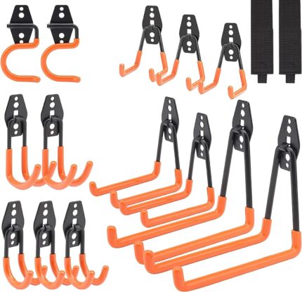 Upgraded 16 Packs Garage Hooks Utility Double Heavy Duty with Mop Broom Holders, Wall Mount Hooks, Garage Storage Organization and Tool Hangers for Power ＆ Garden Tools, Ladders, Bikes(Orange)