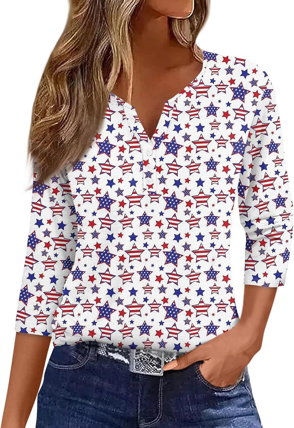 Womens 3/4 Sleeve Tops and Blouses Button Down Fourth of July Shirts V Neck Dressy Tunic Tops Summer Blouses